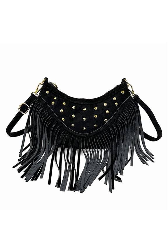 Women Fringe Purse Crossbody Bags Studded Faux Suede Hippie Tassel Hobo Shoulder Messenger Purse Vintage Handbags (Black)