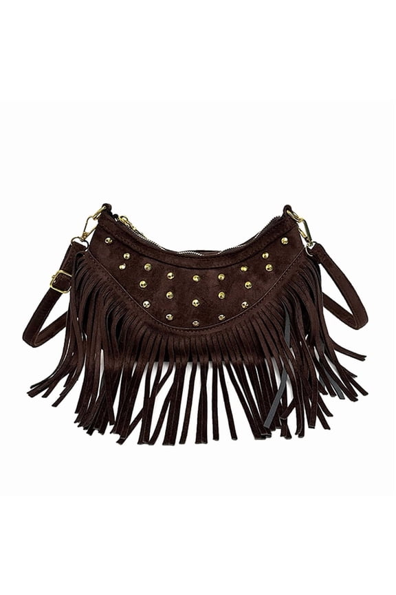 Women Fringe Purse Crossbody Bags Studded Faux Suede Hippie Tassel Hobo Shoulder Messenger Purse Vintage Handbags (Coffee)