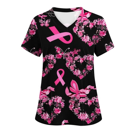 FAFWYP Breast Cancer Scrubs for Women, Short Sleeve V Neck Pink Ribbon Pockets Scrub Tops Breast Cancer Awareness Cancer Survivor Breast Cancer Gifts for Woman