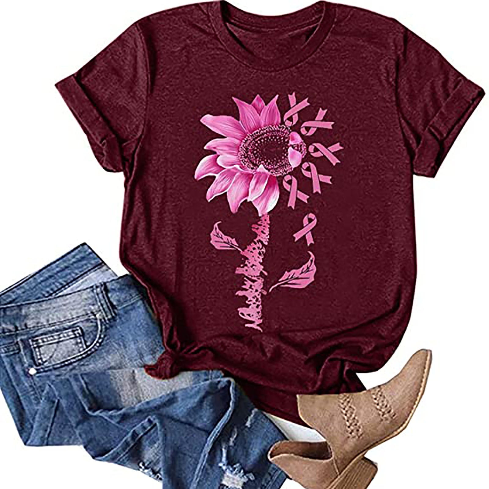 Women's Breast Cancer Awareness Shirt - Sunflower/Dandelion Pink Ribbon Print Short Sleeve Tee - View #5