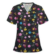 FAFWYP Cartoon Scrubs for Women,Womens Cute Print Scrubs Tops Summer Nurse Short Sleeve V Neck Workwear Working Uniform Blouse Medical Scrubs with Pockets