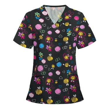 Danhjin Womens Nursing Scrub Tops Printed Working Uniform Short Sleeve ...