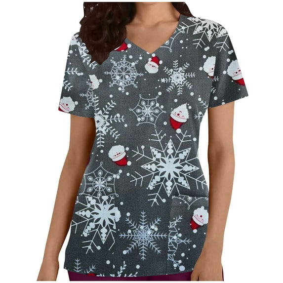 FAFWYP Christmas Scrubs for Women, Casual Loose Scrubs Tops Summer Short Sleeve V Neck Workwear Nursing Uniform Shirt Medical Blouse with Pockets on Clearance