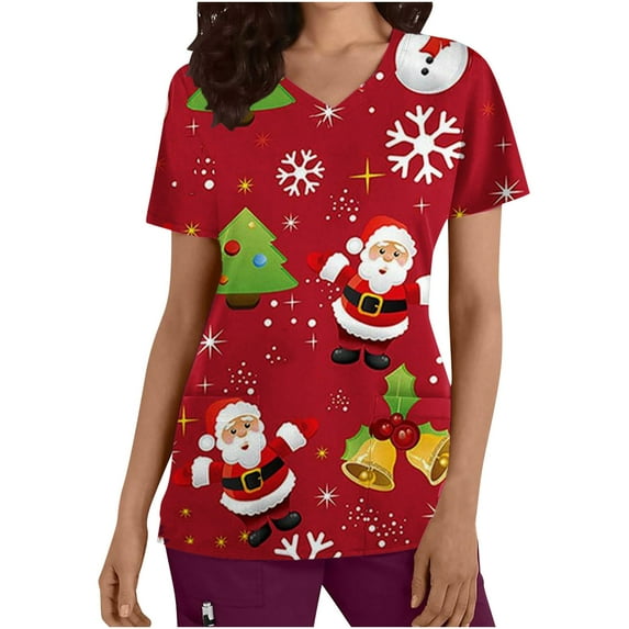 FAFWYP Christmas Scrubs for Women, Casual Loose Scrubs Tops Summer Short Sleeve V Neck Workwear Nursing Uniform Shirt Medical Blouse with Pockets on Clearance