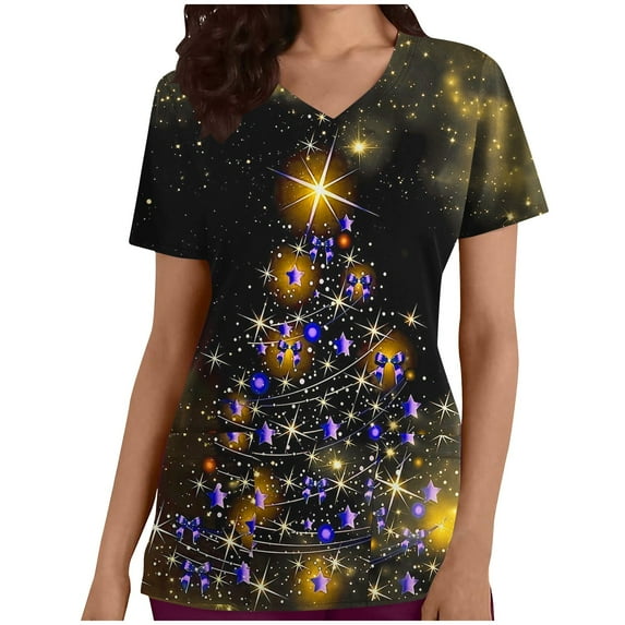 FAFWYP Christmas Scrubs for Women, Casual Loose Scrubs Tops Working Uniform Summer Short Sleeve V Neck Nurse Shirt Workwear Medical Blouse with Pockets on Clearance