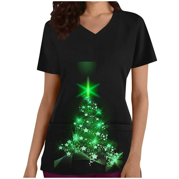 FAFWYP Christmas Scrubs for Women, Casual Loose Scrubs Tops Summer Short Sleeve V Neck Workwear Nursing Uniform Shirt Medical Blouse with Pockets on Clearance