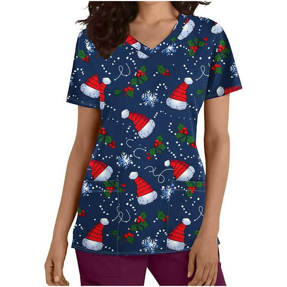 FAFWYP Christmas Scrubs for Women, Santa Snowman Reindeer Print Scrubs Tops Workwear Short Sleeve V Neck Nurse Shirt Working Uniforms Medical Scrubs with Pockets