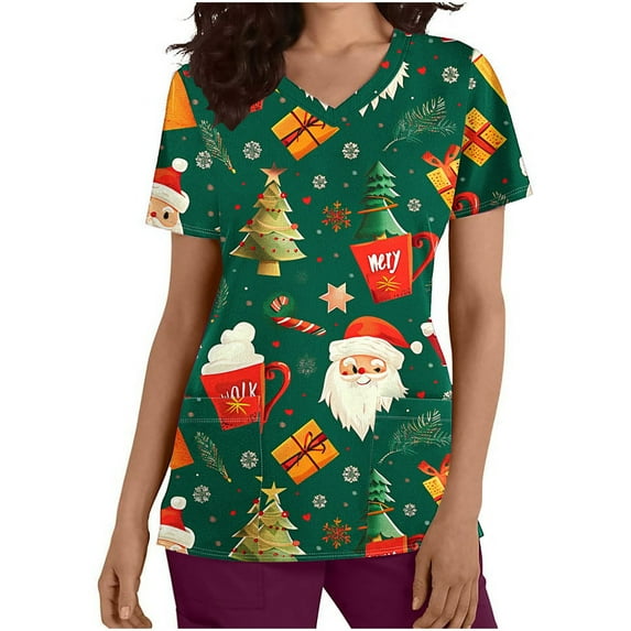 FAFWYP Christmas Scrubs for Women, Santa Snowman Reindeer Print Scrubs Tops Workwear Short Sleeve V Neck Nurse Shirt Working Uniforms Medical Scrubs with Pockets