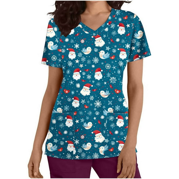 FAFWYP Christmas Scrubs for Women, Santa Snowman Reindeer Print Scrubs Tops Workwear Short Sleeve V Neck Nurse Shirt Working Uniforms Medical Scrubs with Pockets