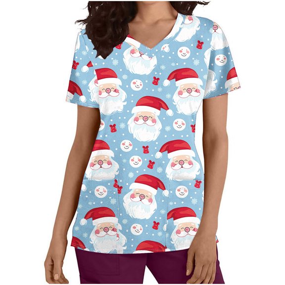 FAFWYP Christmas Scrubs for Women, Womens Xmas Holiday Nursing Shirts Blouse Workwear Summer Short Sleeve V Neck Loose Scrubs Tops Working Uniform with Pockets