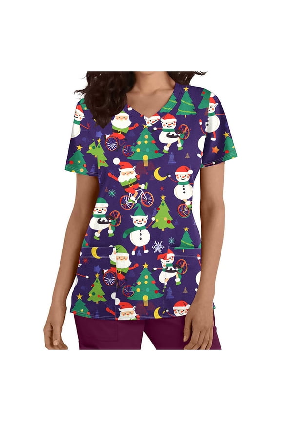 Christmas Scrubs for Women, Womens Xmas Holiday Nursing Shirts Blouse Workwear Summer Short Sleeve V Neck Loose Scrubs Tops Working Uniform with Pockets