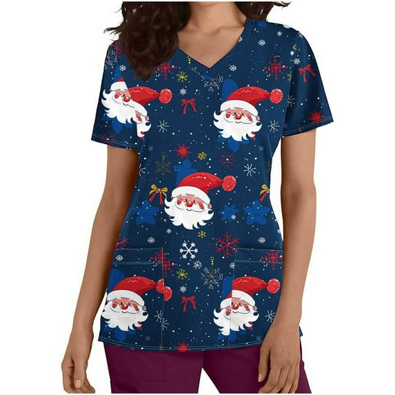 FAFWYP Christmas Scrubs for Women, Womens Xmas Holiday Nursing Shirts Blouse Workwear Summer Short Sleeve V Neck Loose Scrubs Tops Working Uniform with Pockets