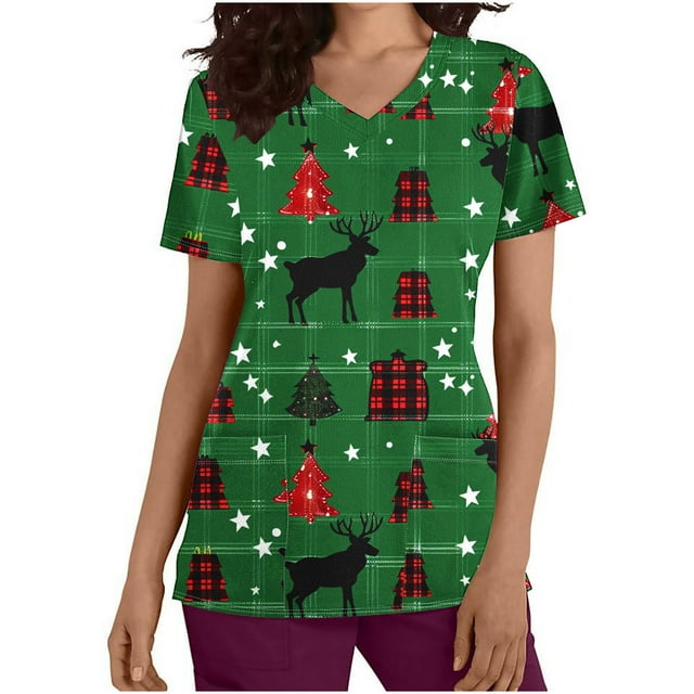 FAFWYP Christmas Scrubs for Women, Womens Xmas Holiday Nursing Shirts