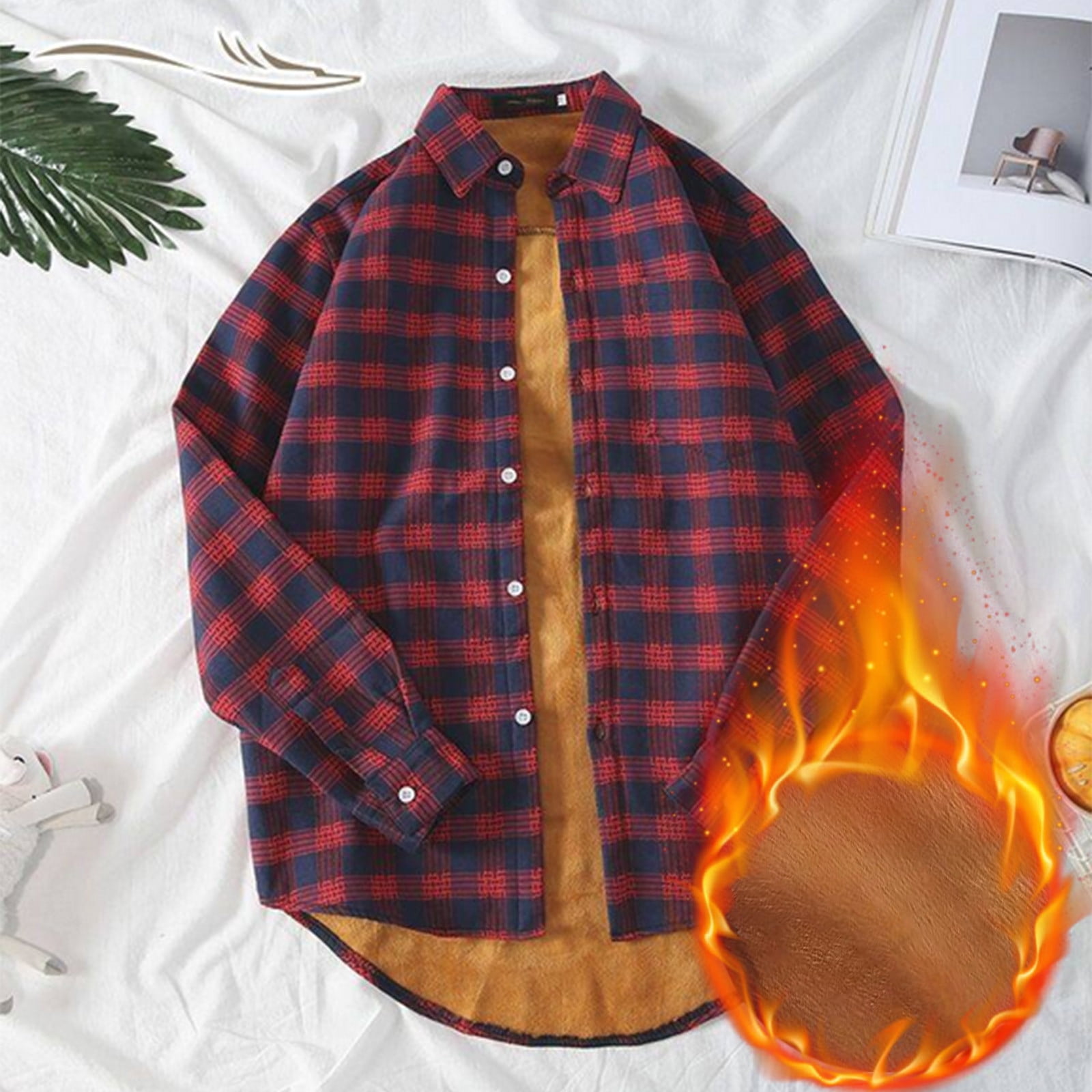 Men's Thick Flannel Plaid Shirt - Long Sleeve Button Down, Dark Khaki, Large, Casual Warm Shirt