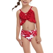 FAFWYP Girls Summer Bathing Suit Two-Piece Sets Casual Cute Hawaiian Print Double Ruffle Sling High Waist Pants Split Swimsuit Beach Swimwear