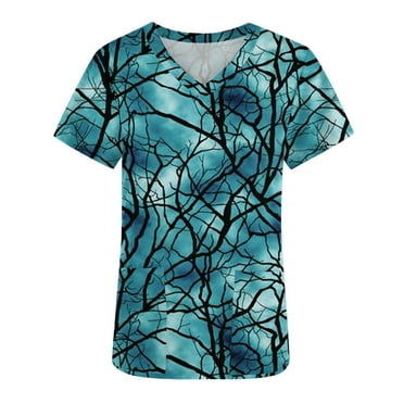 FAFWYP Halloween Scrubs for Women,Womens Holiday Scrubs Tops Workwear Summer Short Sleeve V Neck Nursing Shirts Working Uniform Blouse with Pockets