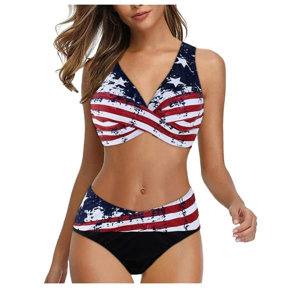 FAFWYP Independence Day Women Summer Fashion Padded Push-up Cross Front Bra Bikini Set Swimsuit High Waist American Flag Printed Two Piece Bathing Suit Swim Set