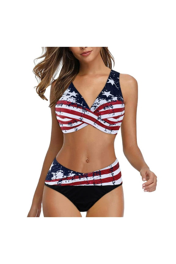 Independence Day Women Summer Fashion Padded Push-up Cross Front Bra Bikini Set Swimsuit High Waist American Flag Printed Two Piece Bathing Suit Swim Set