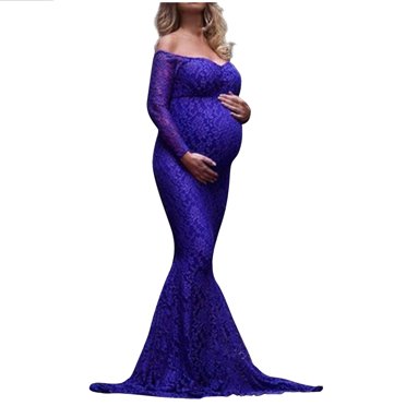 Loalirando Women's Long Maternity Dress - 3/4 Sleeve Lace Maxi Dress, Elegant & Vintage Floral For Pregnancy Photos