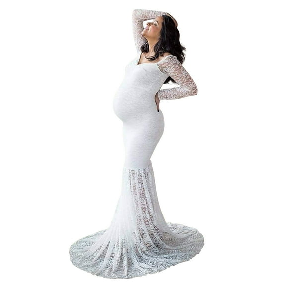 FAFWYP Maternity Elegant Off Shoulder Floral Lace Pregnancy Gowns Long Sleeve V Neck Mermaid Maxi Dress for Baby Shower Maternity Dress for Photoshoot