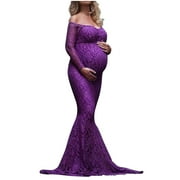 FAFWYP Maternity Elegant Off Shoulder Floral Lace Pregnancy Gowns Long Sleeve V Neck Mermaid Maxi Dress for Baby Shower Maternity Dress for Photoshoot