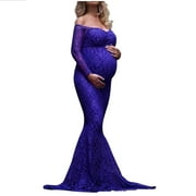 FAFWYP Maternity Elegant Off Shoulder Floral Lace Pregnancy Gowns Long Sleeve V Neck Mermaid Maxi Dress for Baby Shower Maternity Dress for Photoshoot