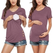 FAFWYP Maternity Nursing Tops Summer Short Sleeve Double Layer Pregnancy Tee Shirts Breastfeeding Shirts Postpartum Tunic Blouse Maternity Clothes for Women