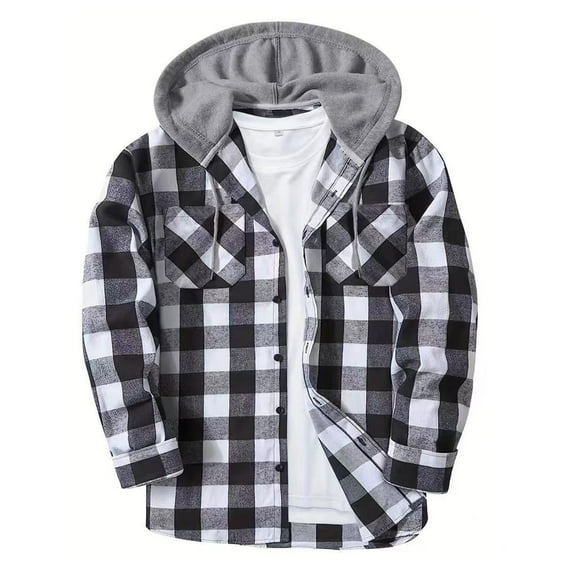 FAFWYP Men's Flannel Hoodie Shirts Casual Long Sleeve Button Down Cotton Hooded Plaid Shirt Jackets with Pockets
