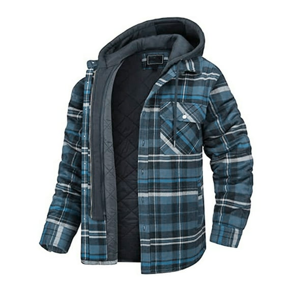 FAFWYP Men's Plus Size Flannel Shirt Jacket with Hood Quilted Lined Plaid Jacket, Long Sleeve Button Down Hooded Shirt Shacket Jacket Winter Thick Warm Coats Outerwear with Pockets