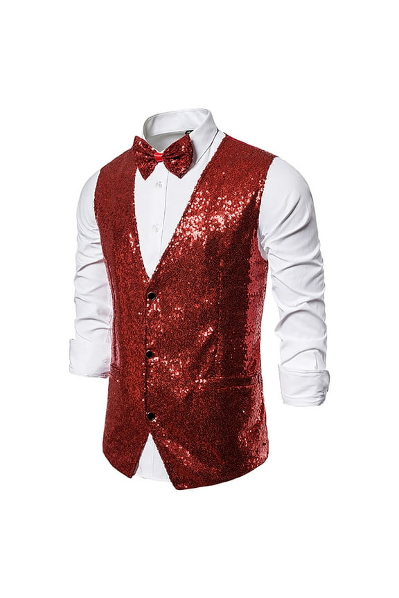 Men's Sparkly Sequin Suit Vest Formal Business Casual V-Neck Sleeveless Slim Fit Single Breasted Tuxedo Vest Shiny Waistcoat for Wedding Prom Party