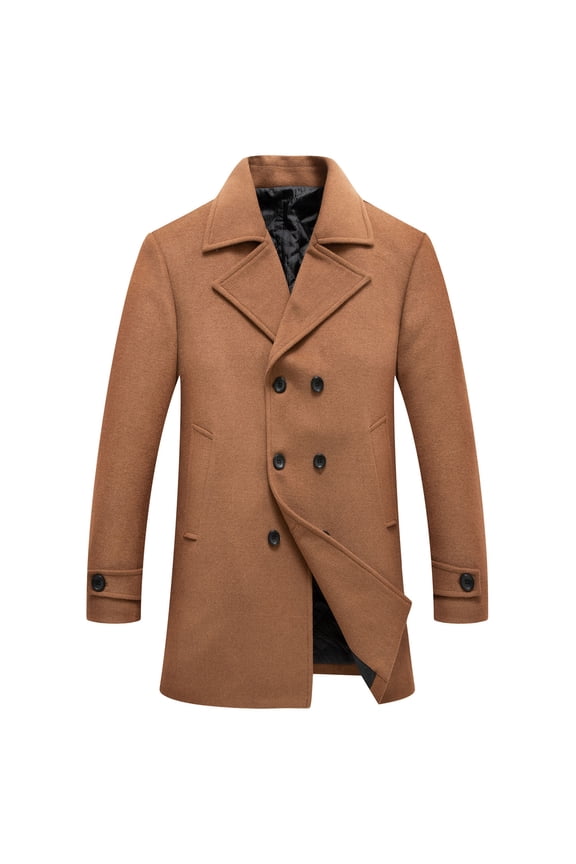 Men's Winter Casual Notched Lapel Collar Trench Coat Double Breasted Wool Jacket Pea Coat Warm Winter Coats Soft Business Overcoats wih Pockets