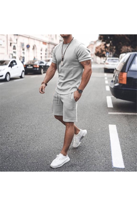 Mens 2 Piece Tracksuit Casual Summer Athletic Workout Outfits Short Sleeve Muscle Tee Shirts and Jogging Shorts Gym Sweat Suit Sportwear Set