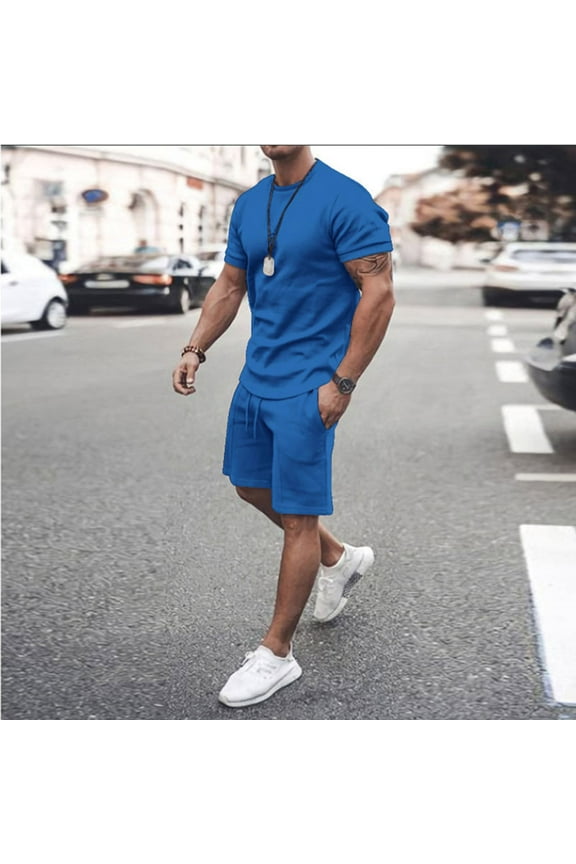 Mens 2 Piece Tracksuit Casual Summer Athletic Workout Outfits Short Sleeve Muscle Tee Shirts and Jogging Shorts Gym Sweat Suit Sportwear Set