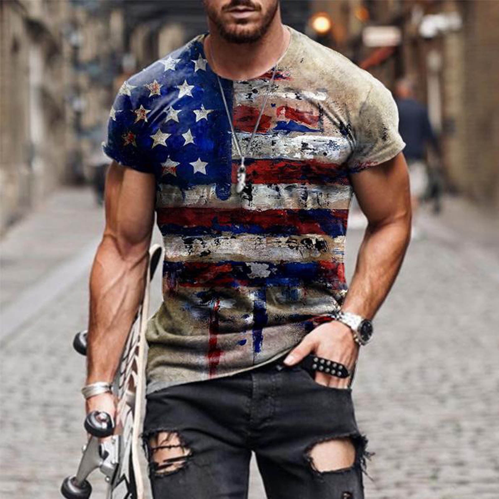 Plus Size Patriotic American Flag Curve Printed Button Pocket Shirt For Men