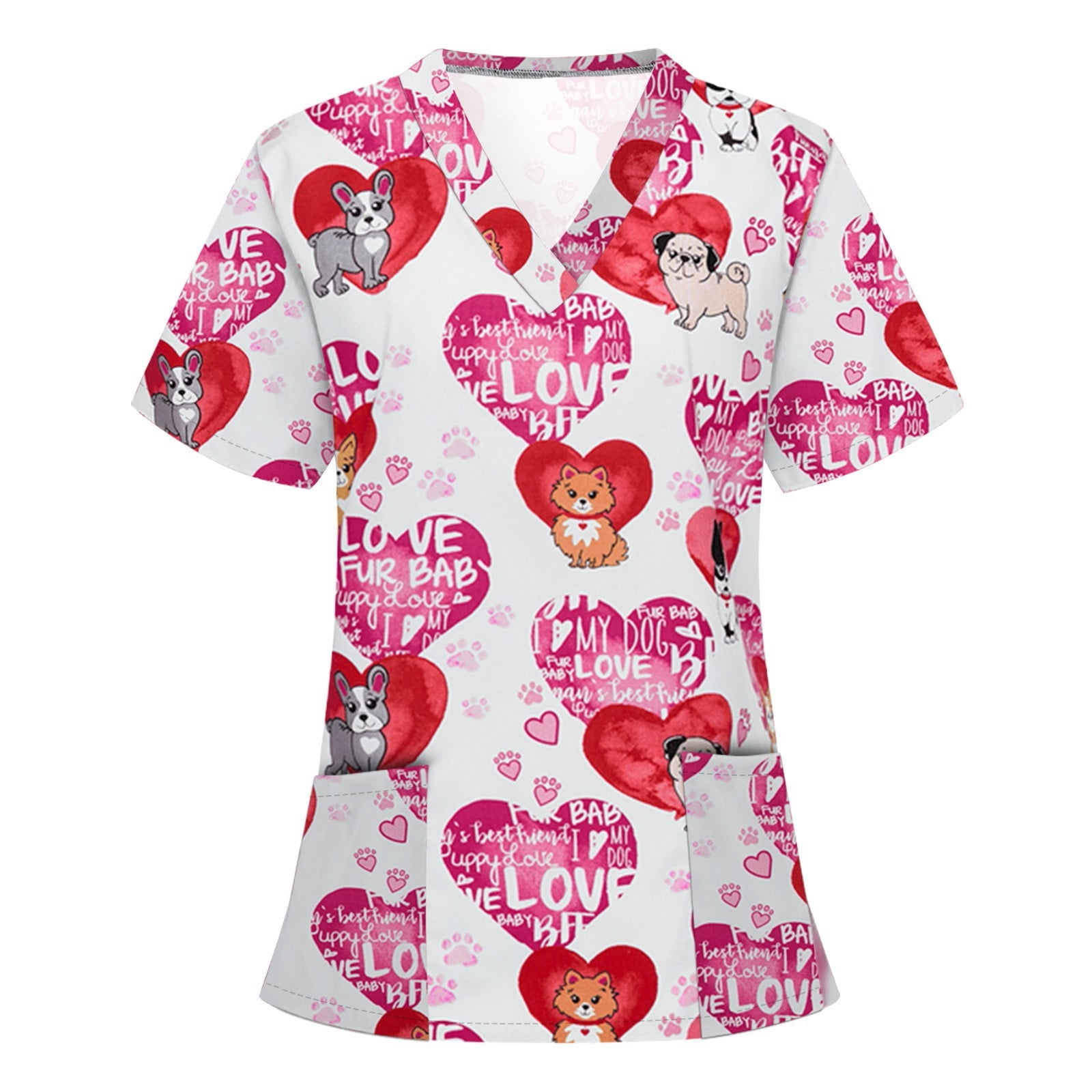 FAFWYP Plus Size Scrubs for Women Womens Professionals Scrubs Tops Summer Print Nurse Short Sleeve V Neck Workwear Heart Print Working Uniform Blouse Medical Scrubs With Pockets Walmart