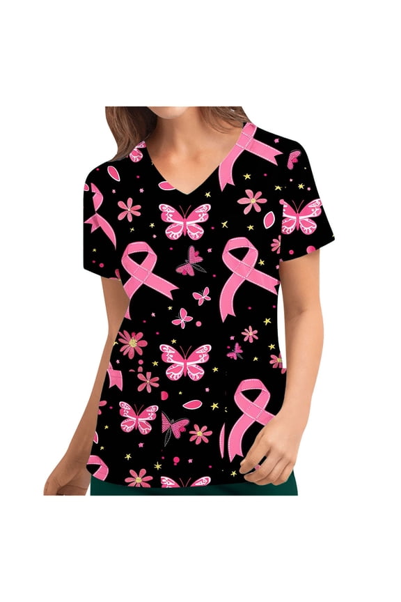 Scrubs for Women, Breast Cancer Awareness Professionals Holiday Scrub Tops Short Sleeve V Neck Nurse Shirt Workwear Tunic Blouse Working Uniform with Pockets