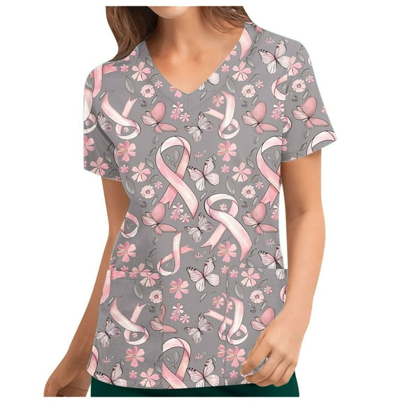 FAFWYP Scrubs for Women, Breast Cancer Awareness Professionals Holiday Scrub Tops Short Sleeve V Neck Nurse Shirt Workwear Tunic Blouse Working Uniform with Pockets