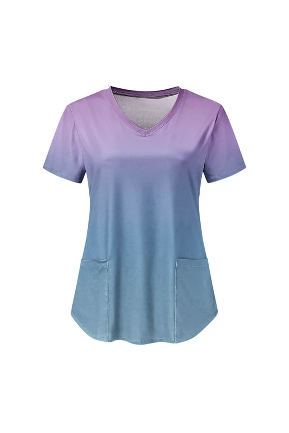 Scrubs for Women, Womens Loose Scrubs Tops Summer Nurse Short Sleeve V Neck Workwear Gradient Color Shirts Working Uniform Medical Blouses with Pockets