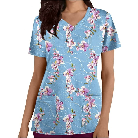 FAFWYP Scrubs for Women, Flower Print Scrubs Tops Summer Short Sleeve V Neck Nursing Workwear Working Uniform Blouses with Pockets