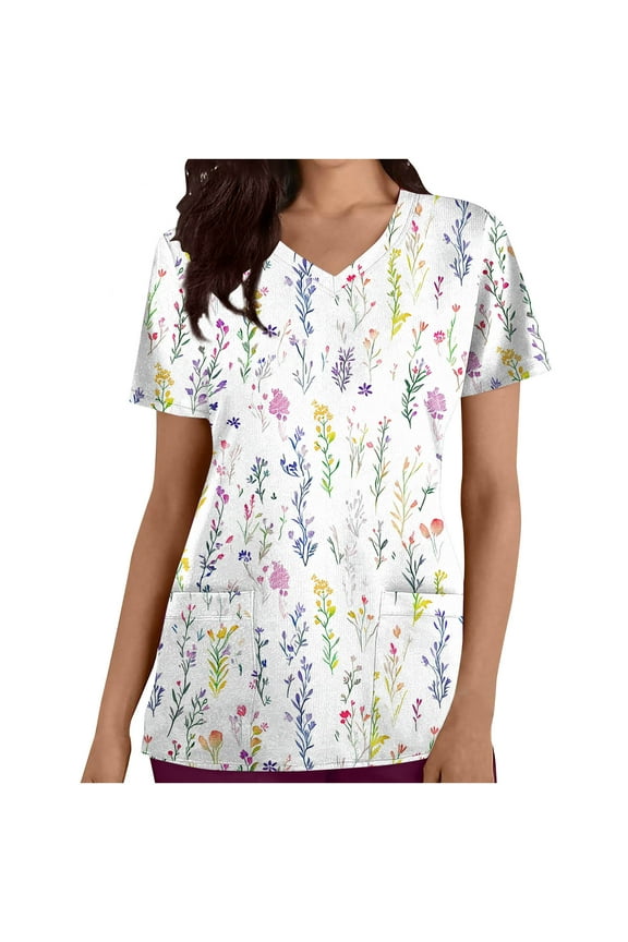 Scrubs for Women, Flower Print Scrubs Tops Summer Short Sleeve V Neck Nursing Workwear Working Uniform Blouses with Pockets