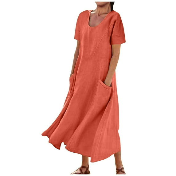 FAFWYP Summer Dresses for Women, Casual Solid Color Tank Dress Short Sleeve Round Neck Cotton Linen Dress Long Maxi Swing with Pockets on Clearance
