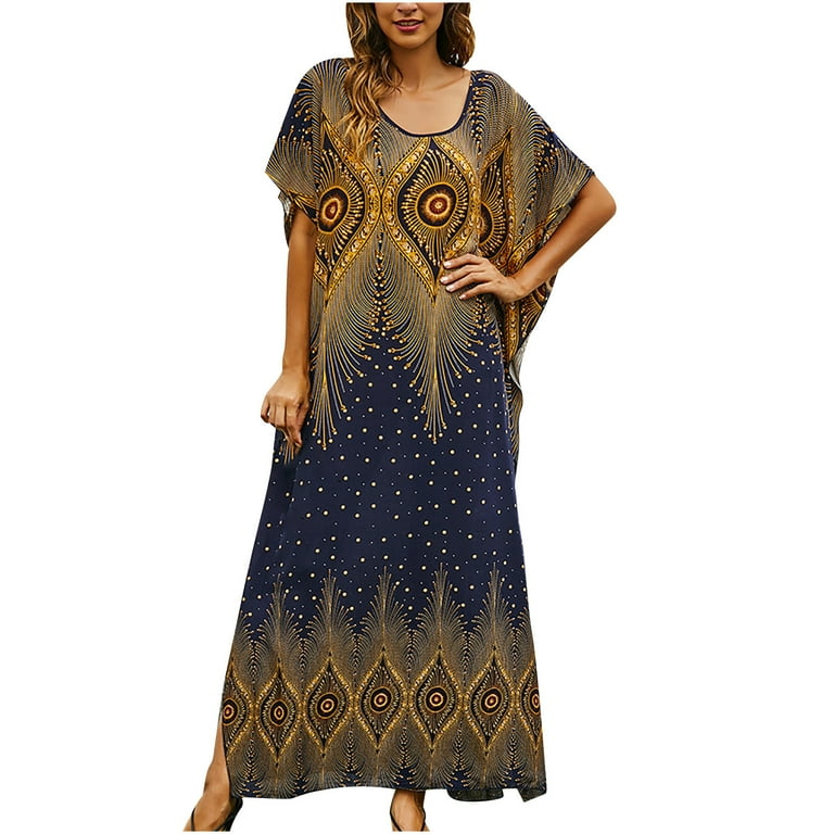 FAFWYP Summer Dresses for Women 2024 Women Vintage Kaftans Caftan Dress Flare Batwing Sleeve V Neck Maxi Robe Sundresses Loose Beach Floral Printed Long Ankle length Split Dress Walmart