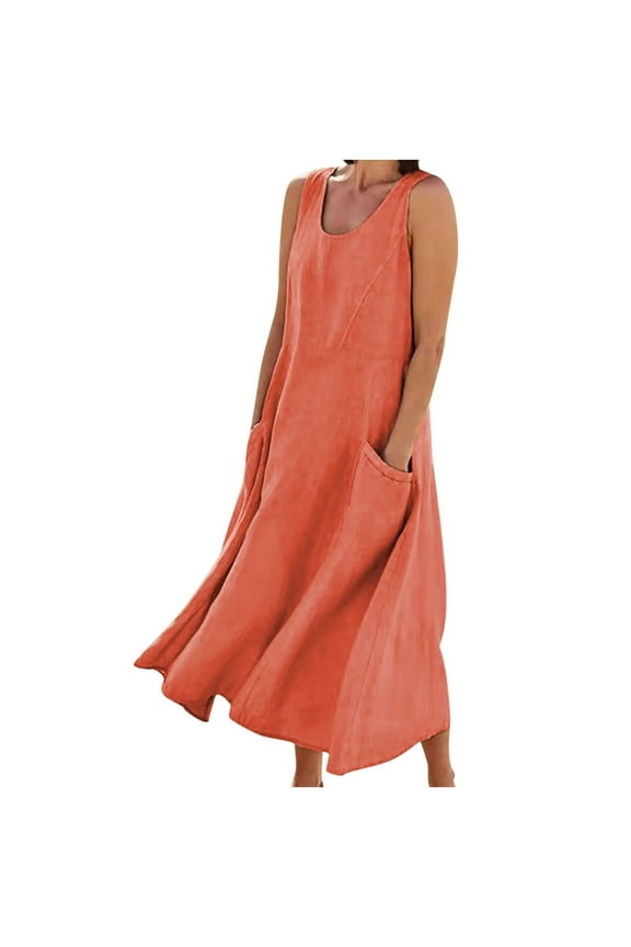 Summer Dresses for Women, Casual Maxi Sundresses Solid Color Round Neck Sleeveless Cotton Dress Linen Long Swing Tank Dress with Pockets