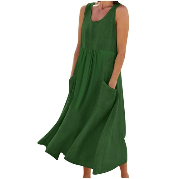FAFWYP Summer Dresses for Women, Casual Sleeveless Long Maxi Dress Solid Color Round Neck Flowy Tank Dress Vacation Beach Sundresses with Pockets