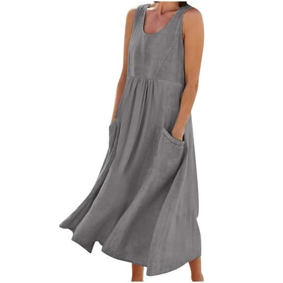 FAFWYP Summer Dresses for Women, Casual Sleeveless Long Maxi Dress Solid Color Round Neck Flowy Tank Dress Vacation Beach Sundresses with Pockets