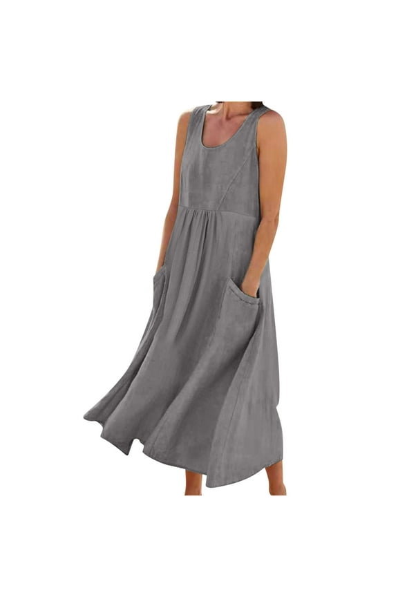 Summer Dresses for Women, Casual Sleeveless Long Maxi Dress Solid Color Round Neck Flowy Tank Dress Vacation Beach Sundresses with Pockets