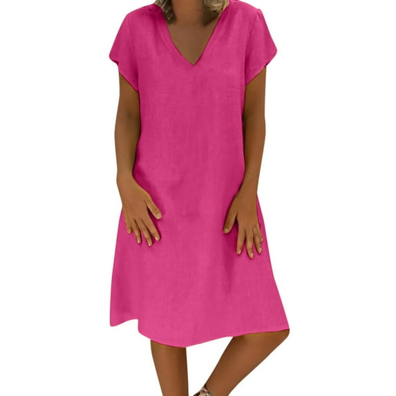FAFWYP Summer Dresses for Women 2022, Women Plus Size Loose Sundresses Fashion V-Neck Solid Short Sleeve Tunic Dress Cotton Linen Beach Tshirt Dress