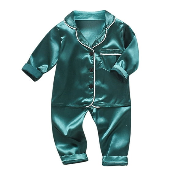 FAFWYP Toddler Baby Boys Soft Silk Satin Pajamas Set Loungewear 2 Piece Button-Down Sets Long Sleeve Solid Tops with Pocket + Pants Sleepwear Outfits