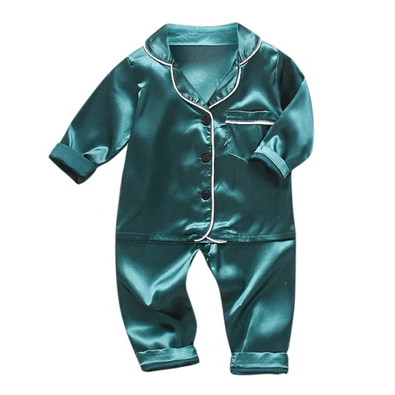 FAFWYP Toddler Baby Boys Soft Silk Satin Pajamas Set Loungewear 2 Piece Button-Down Sets Long Sleeve Solid Tops with Pocket + Pants Sleepwear Outfits