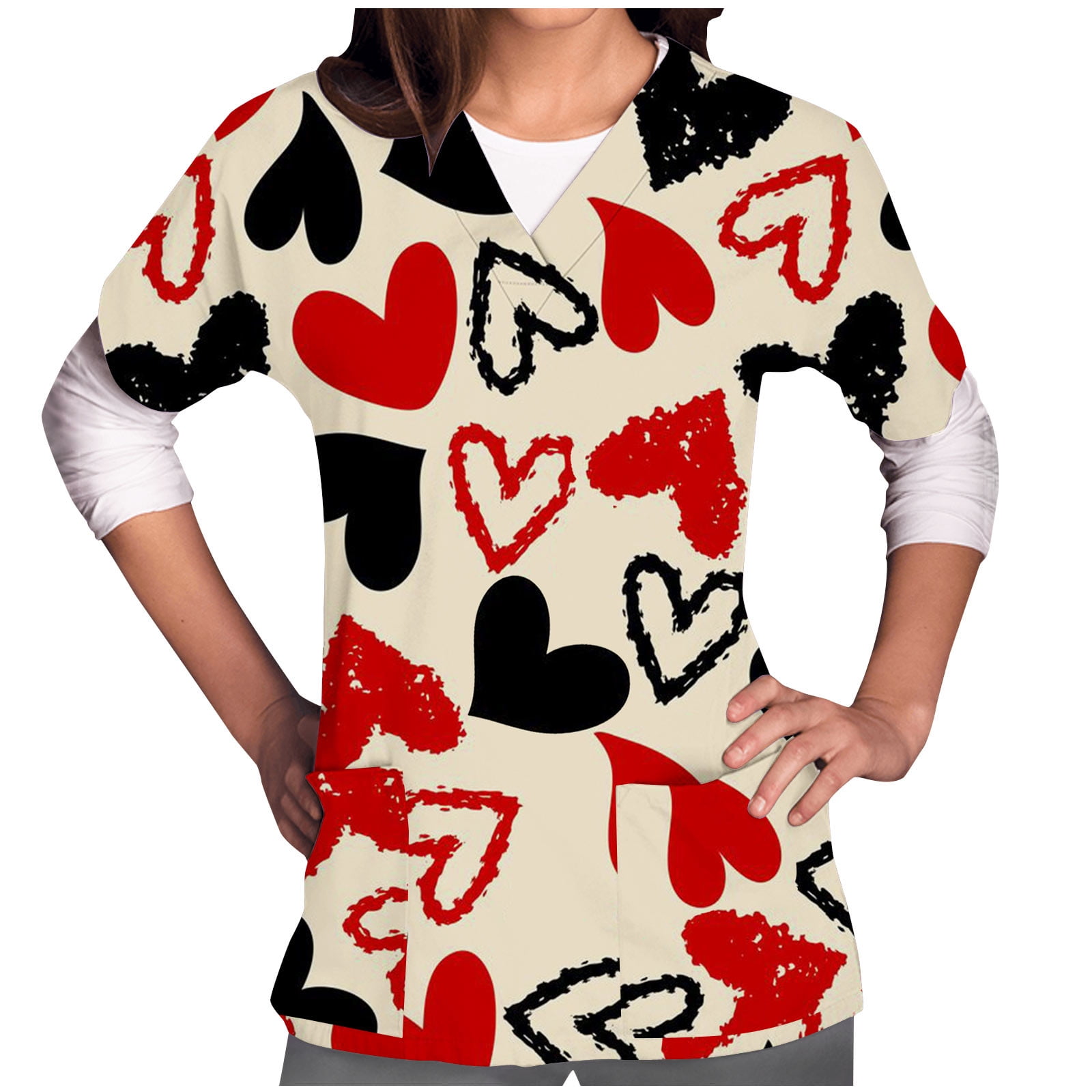 FAFWYP Valentines Day Scrubs for Women,Womens Heart Print Scrubs Tops